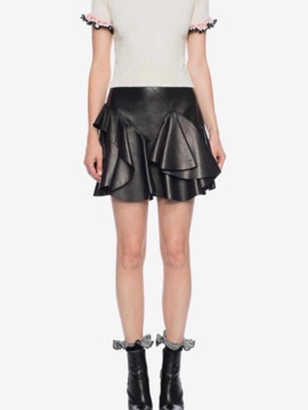 Alexander McQueen Black Leather Ruffle Mini Skirt - EU 38 US 6